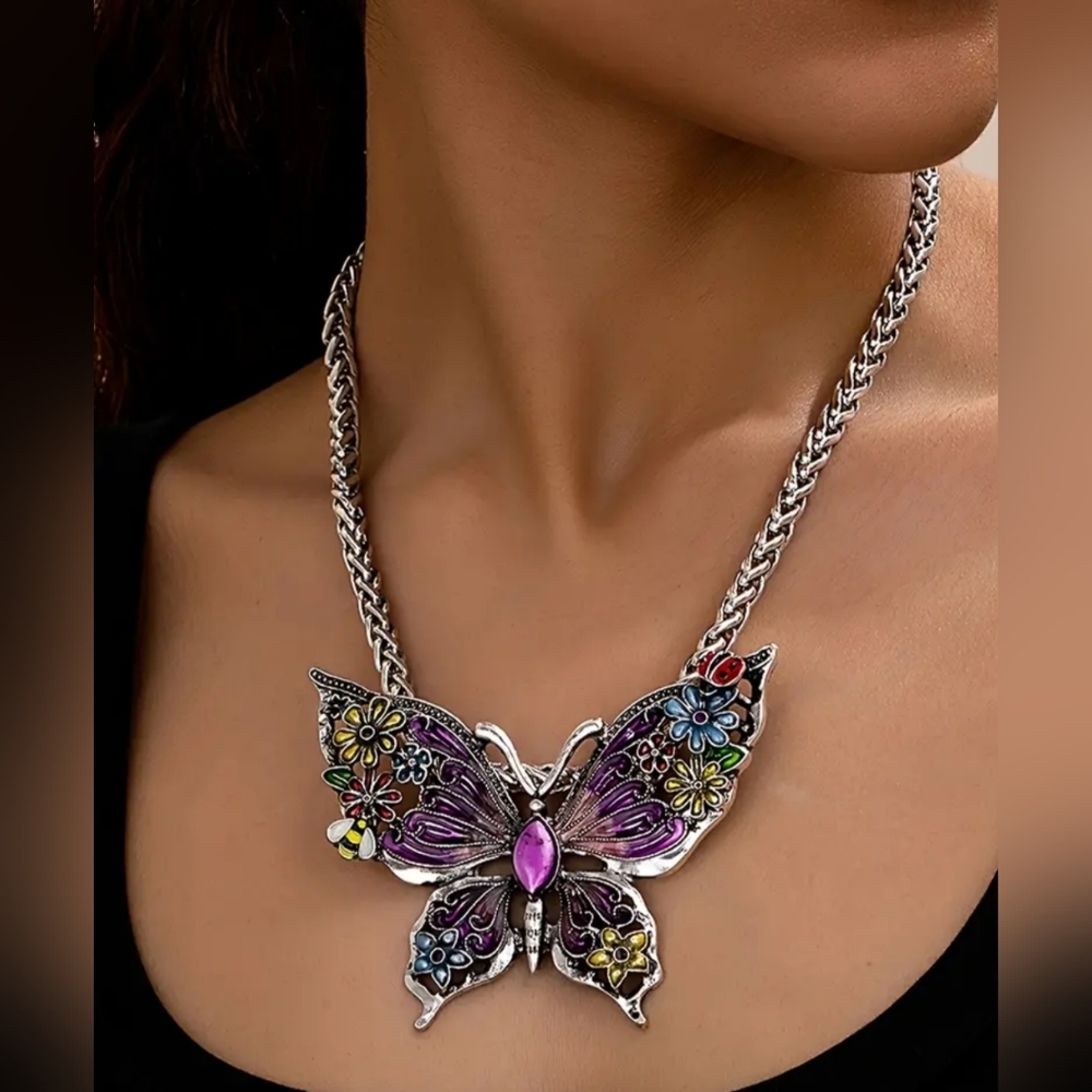 New Statement Colorful Y2K Silver Butterfly Necklace Purple Multicolor Summer